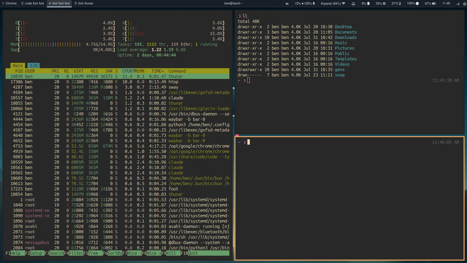 Sway desktop with Waybar and Foot terminals configured using Claude