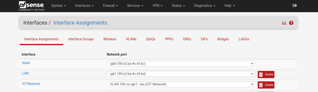 pfSense interface assignments with the VLAN added as an interface