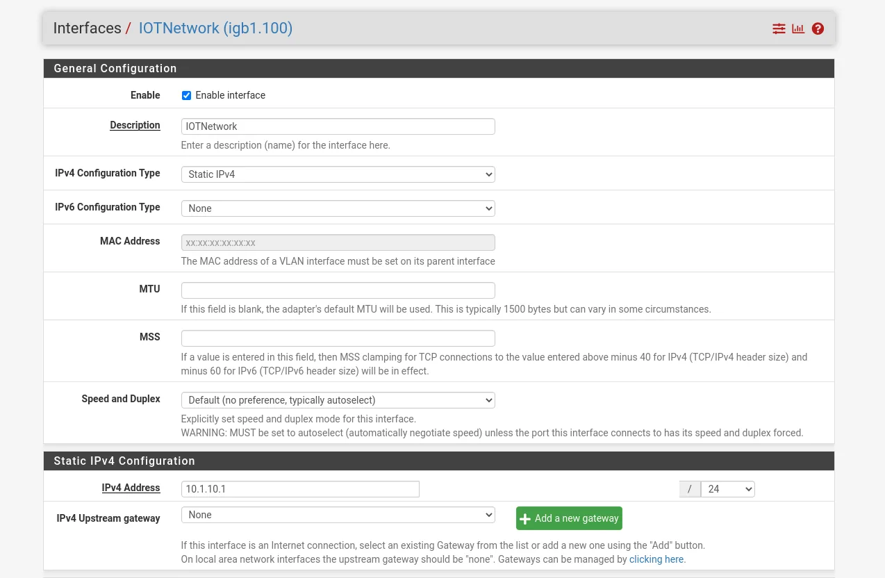pfSense interface configuration with a static IPv4 block for the VLAN