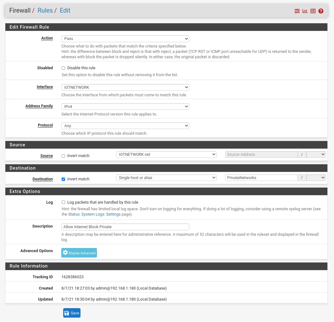 pfSense firewall rule allowing internet but blocking private networks from the IOT VLAN