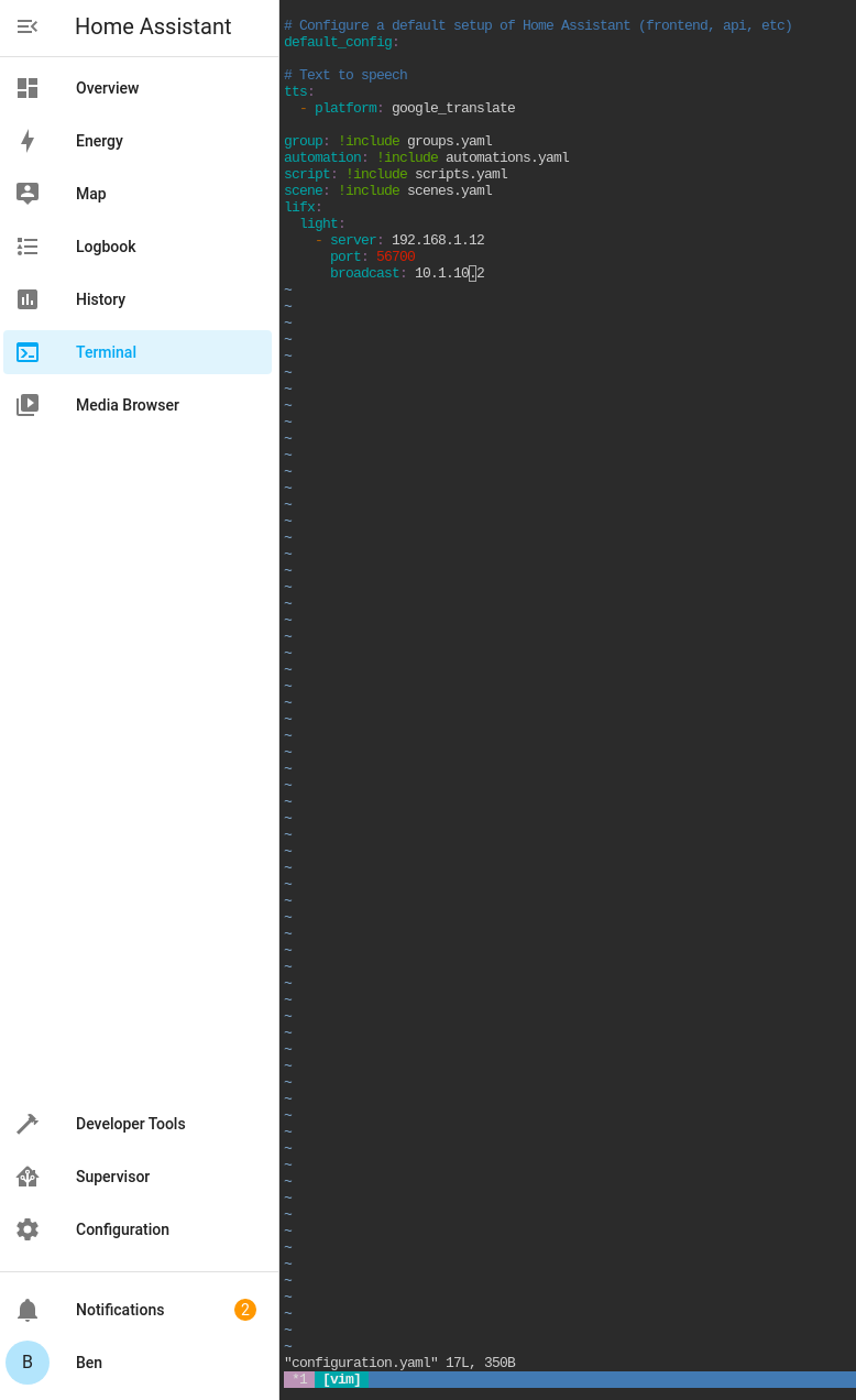 Home Assistant configuration listing the LIFX bulbs by static IP