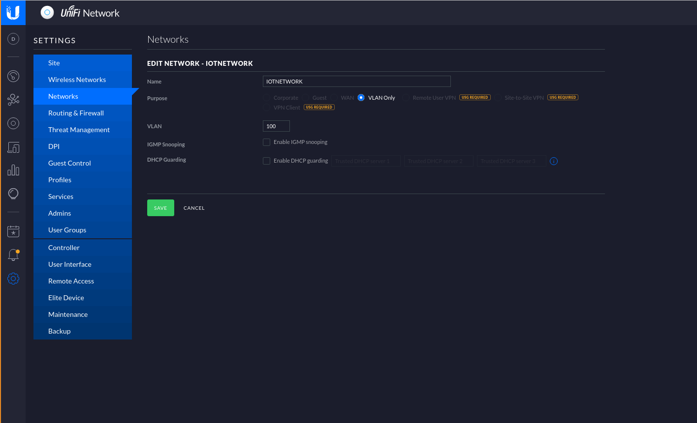 Unifi controller network created as VLAN only