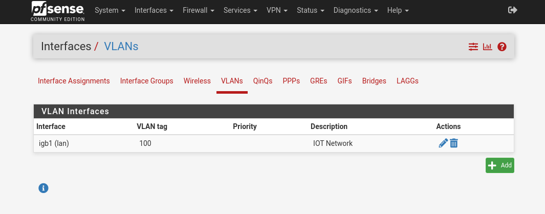 pfSense VLANs tab listing the new IOT VLAN