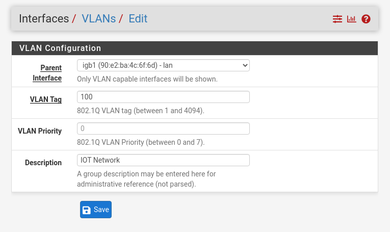 pfSense VLAN creation form with LAN as the parent interface