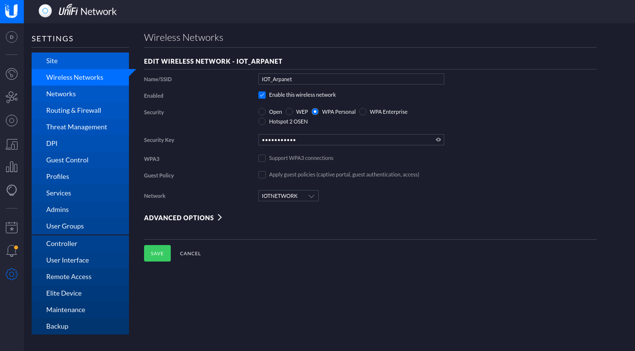 Unifi wireless network settings assigning the SSID to the IOT VLAN