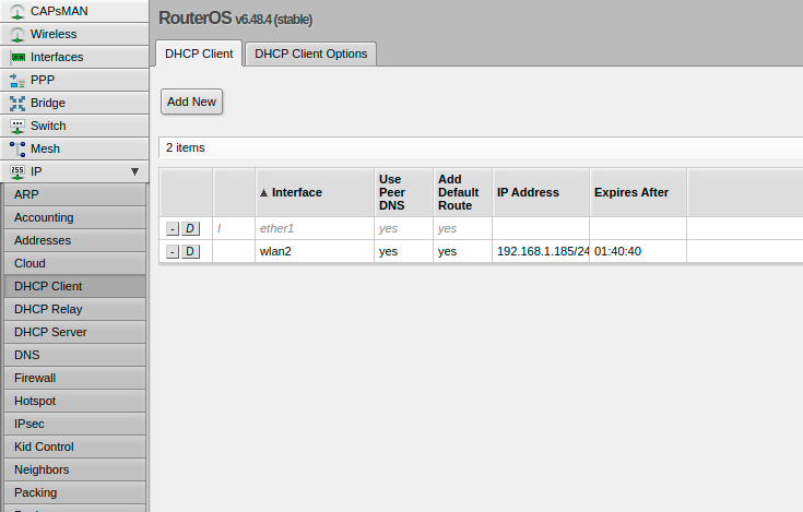 MikroTik DHCP client configured on ether1