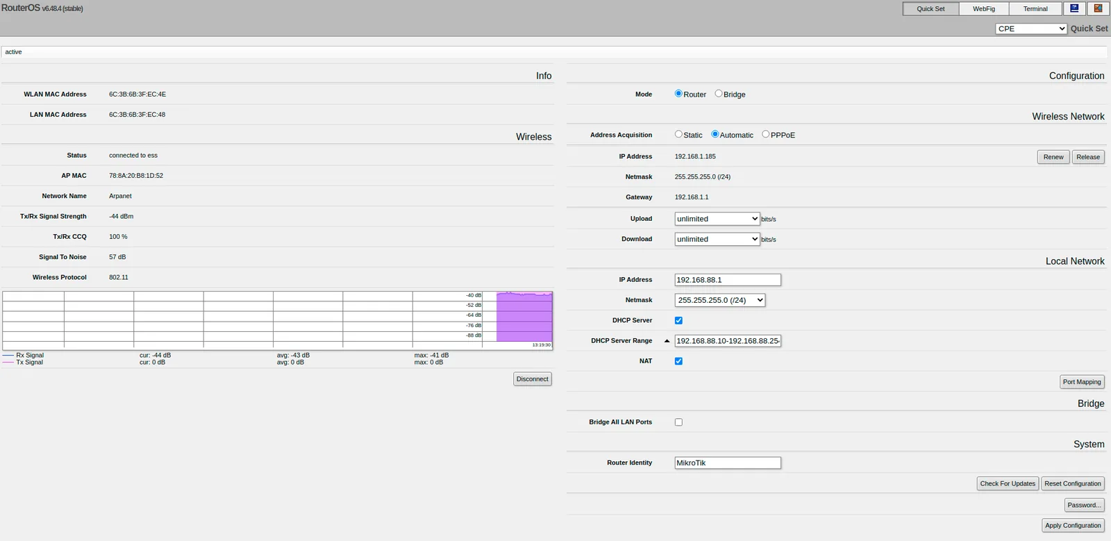 MikroTik QuickSet page with CPE mode selected