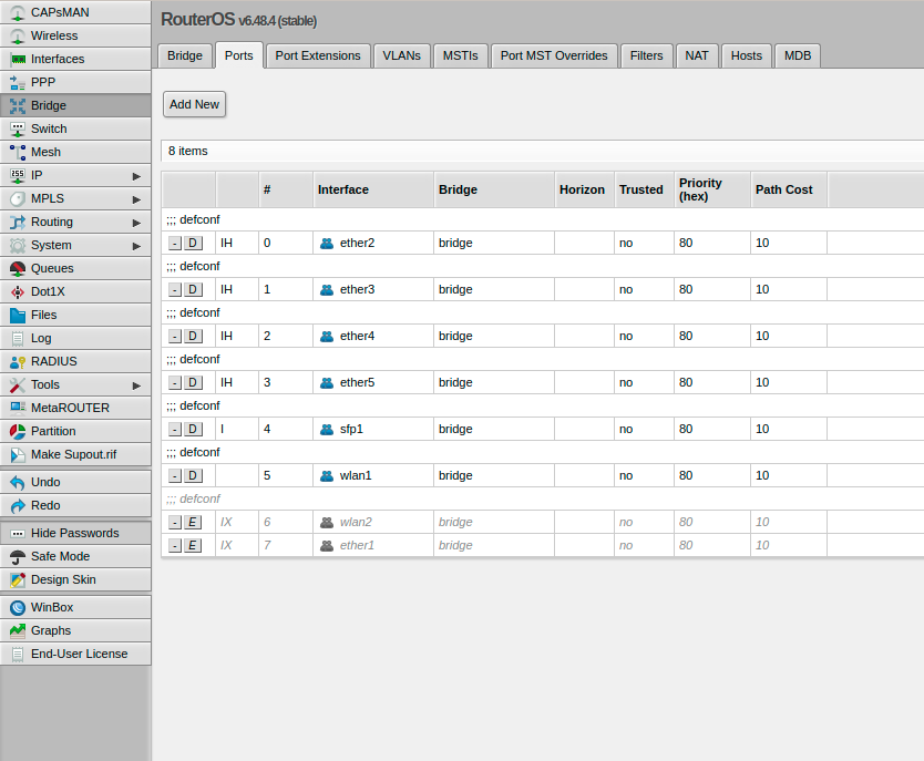 MikroTik bridge port assignments with ether1 disabled