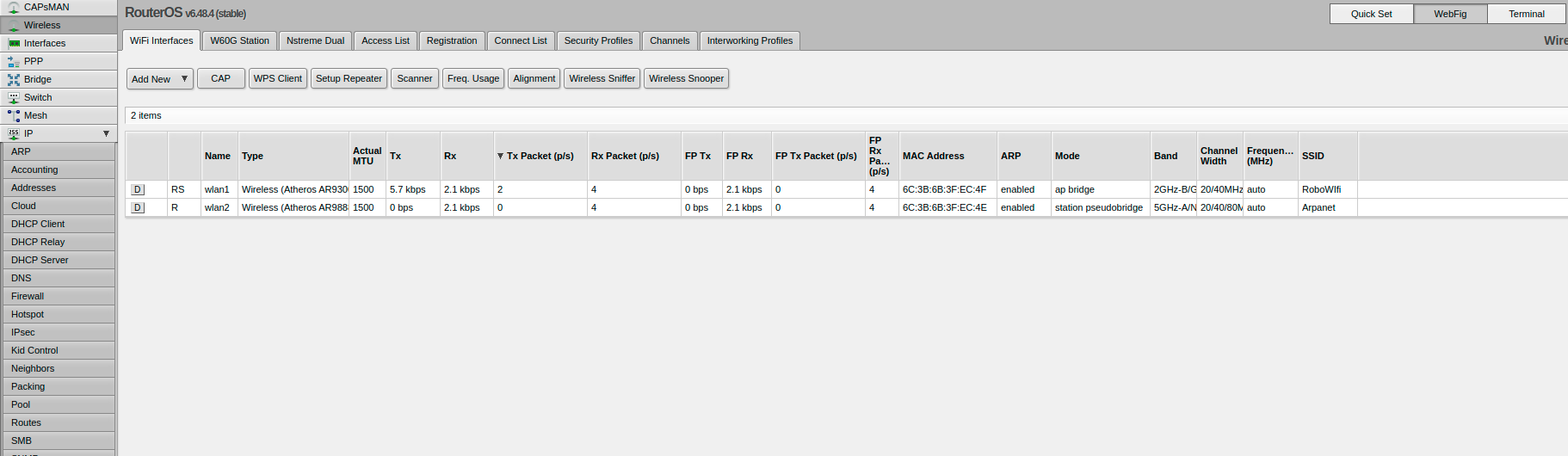 MikroTik wireless interfaces: 5 GHz as station, 2.4 GHz as access point